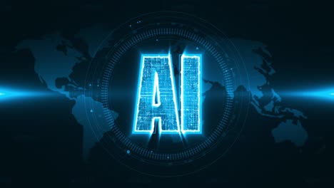 motion graphic of blue ai word with head up display ( hud ui ) technology interface and futuristic elements on earth map background