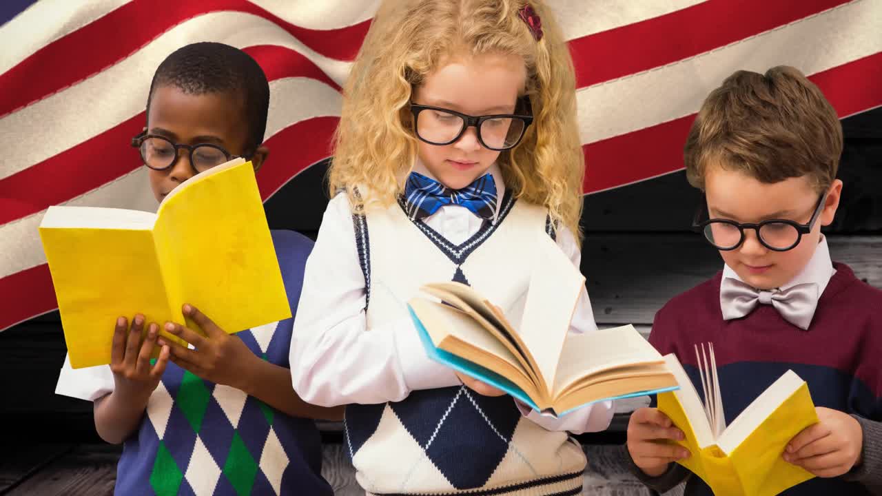 Animation of diverse group of students reading books over american flag