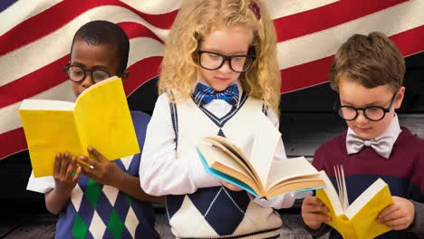 animación de un grupo diverso de estudiantes leyendo libros sobre la bandera estadounidense