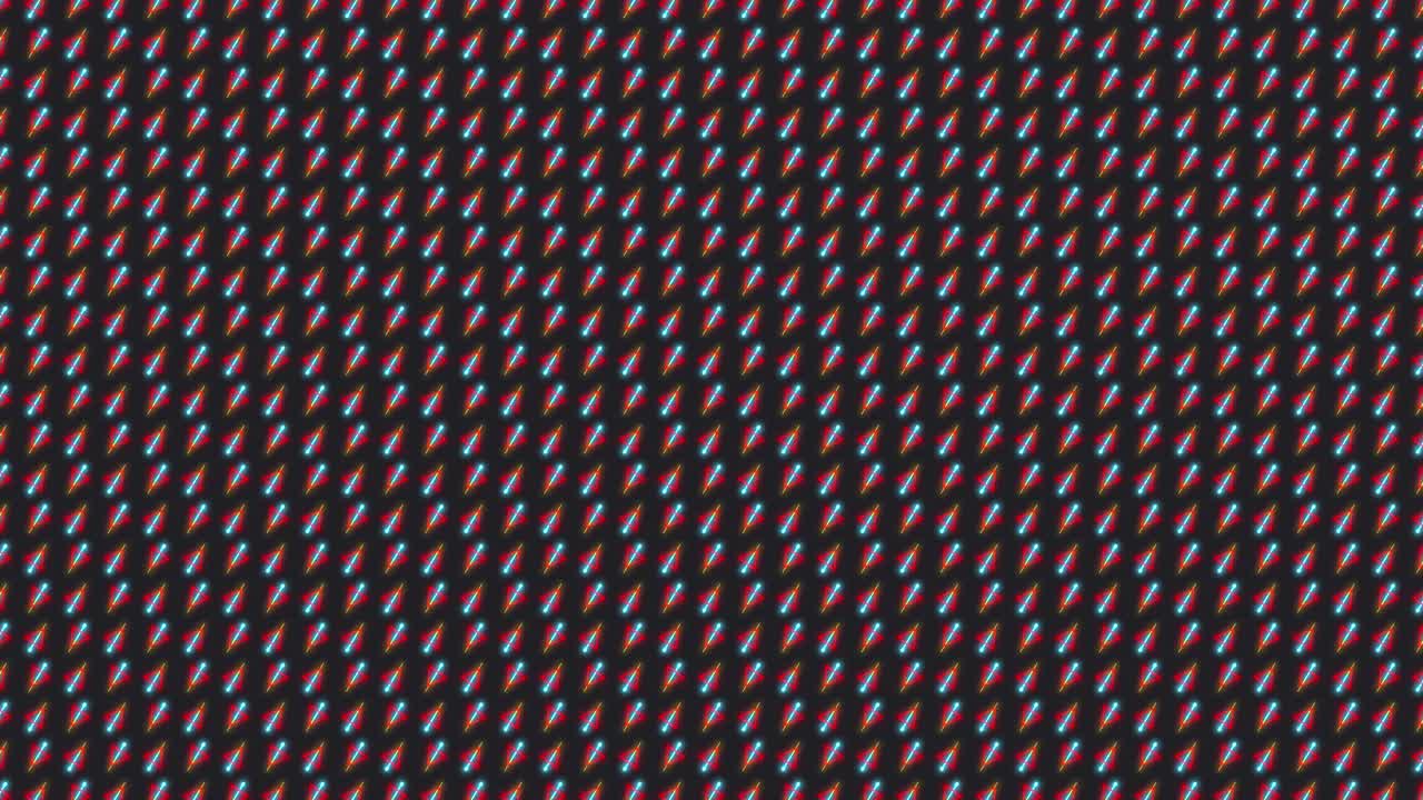 Loopable abstract animated background with small rotating triangles and zig zagging lines tiled on a dark grey background in bright red yellow and teal color scheme