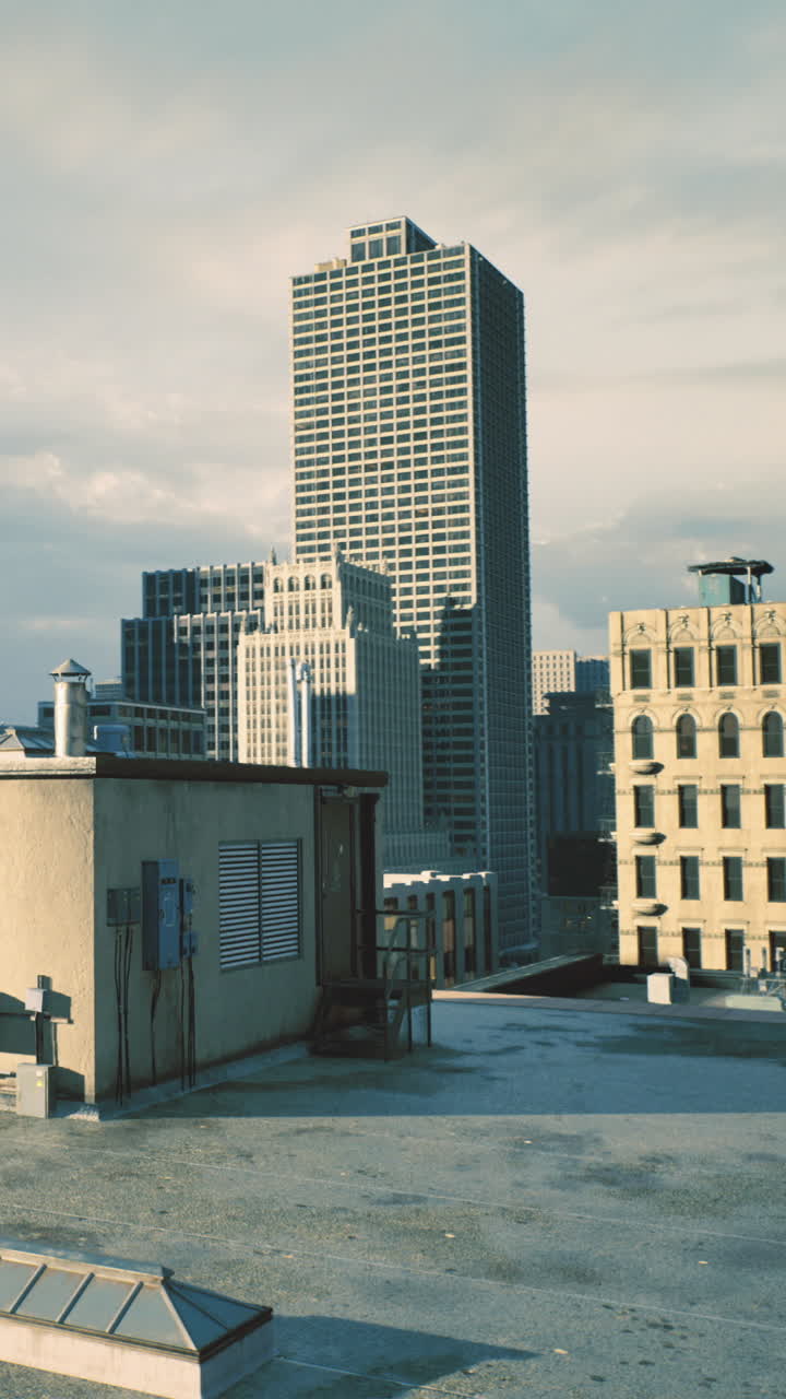Vista da un tetto in una città con edifici e cielo blu
