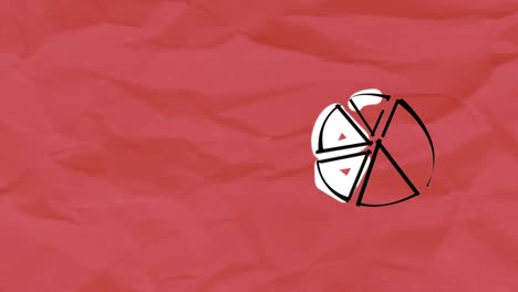 icono del gráfico de la tarta contra el papel rojo arrugado en el fondo