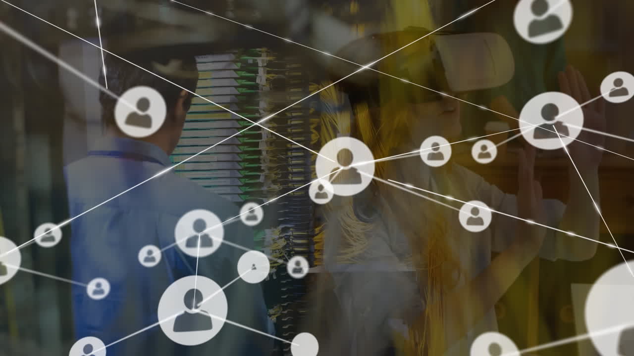 animación de la red de conexiones sobre los trabajadores caucásicos en el almacén