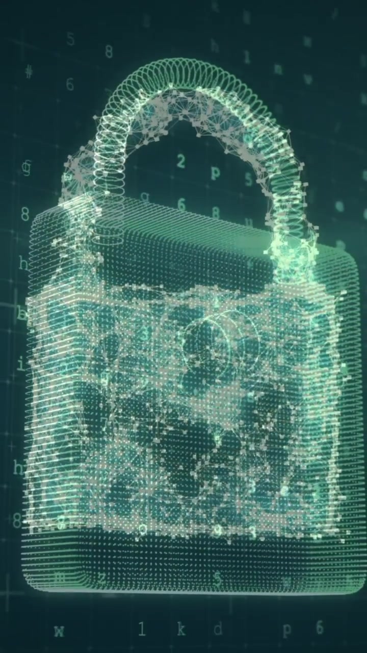 Animation of changing numbers and letters over online cloud, shield and security padlock