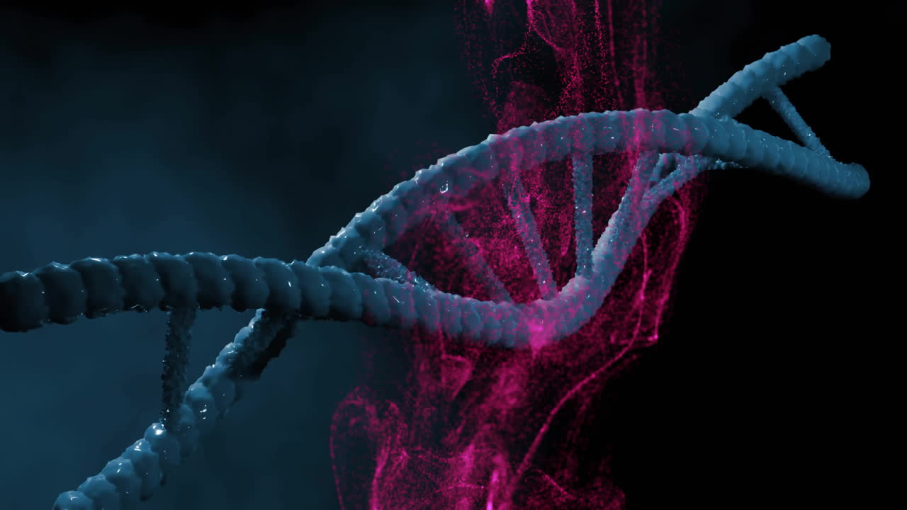 Animation of pink shapes moving over dna strand