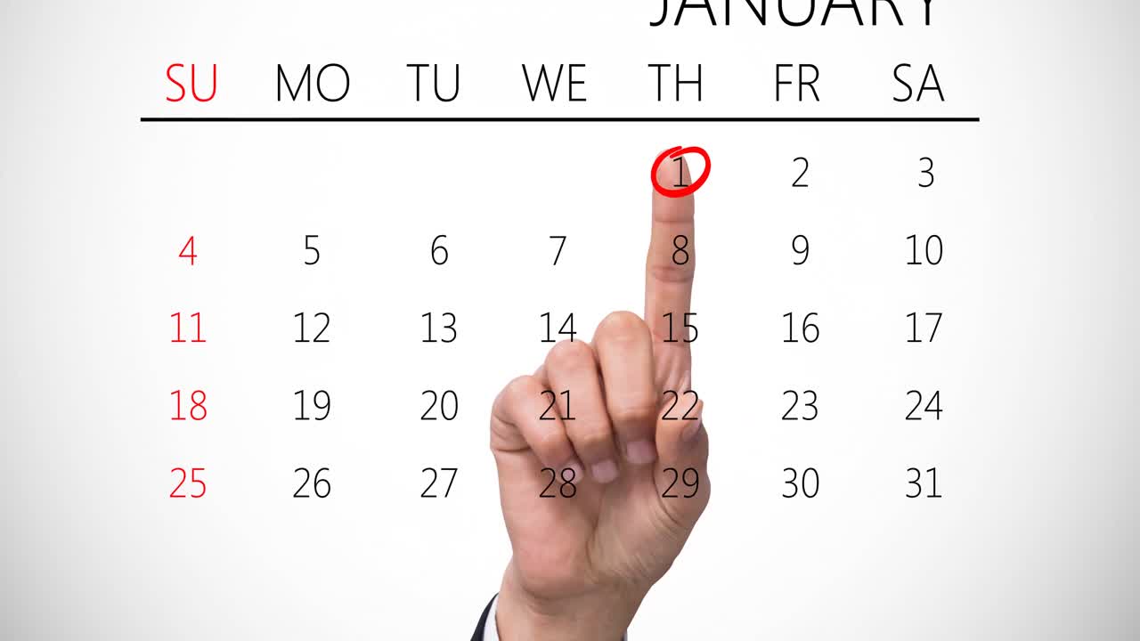 animación del dedo apuntando al anillo rojo sobre el 1 de enero en un calendario mensual