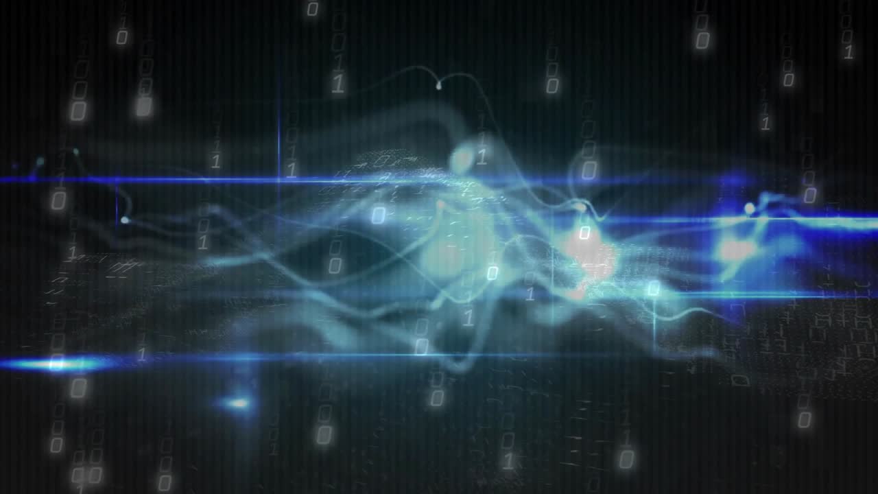 Linee di scansione blu neon che generano un nastro di energia con nodi ondeggianti e binari che fluiscono, visualizzando un flusso di dati.
