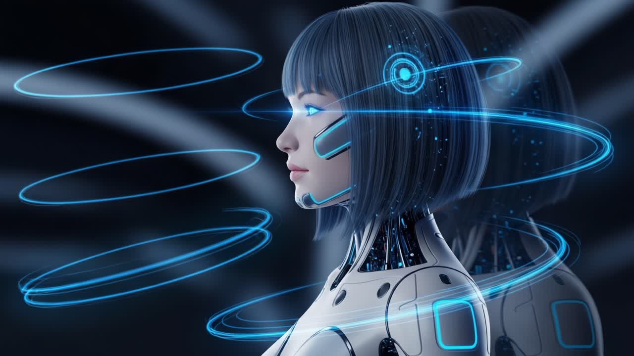 Futuristic humanoid robot with sleek design and holographic technology, showcasing advanced artificial intelligence and digital features that redefine human-robot interaction