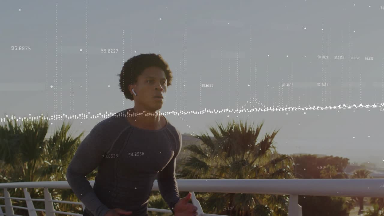 Runner initiating run along walkway swinging arms overlaying real-time fitness waveform data