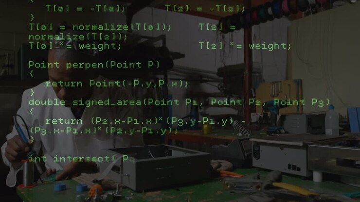 Animation of data processing over african american male engineer working at factory