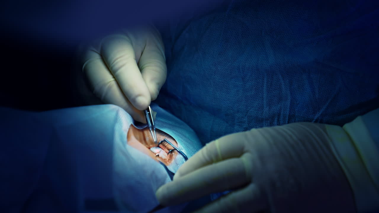 Surgical procedure on opened patient's eye. Professional ophthalmologist in sterile gloves operating an eye with medical tool. Close-up.