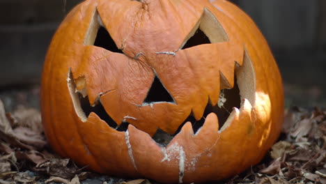 Primer-Plano-De-Un-Lapso-De-Tiempo-De-Un-Jack-o-lantern-Mientras-Se-Pudre