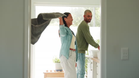 Dancing,-morning-and-couple-happy-in-a-bathroom