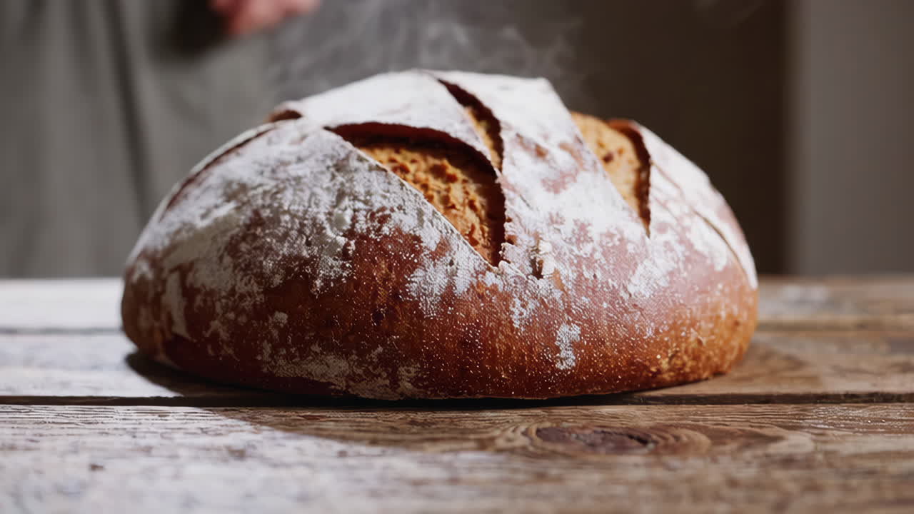 Hands presenting a freshly baked artisan bread loaf on a rustic table