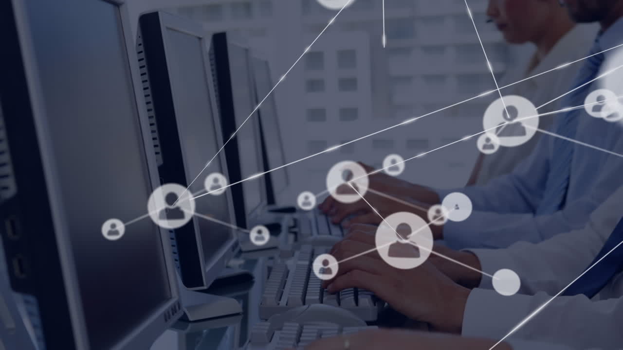 animación de la red de conexión con iconos sobre personas de negocios que usan auriculares de teléfono