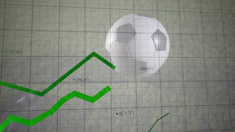 animación del procesamiento de datos financieros sobre el jugador de fútbol pateando la pelota en el estadio.