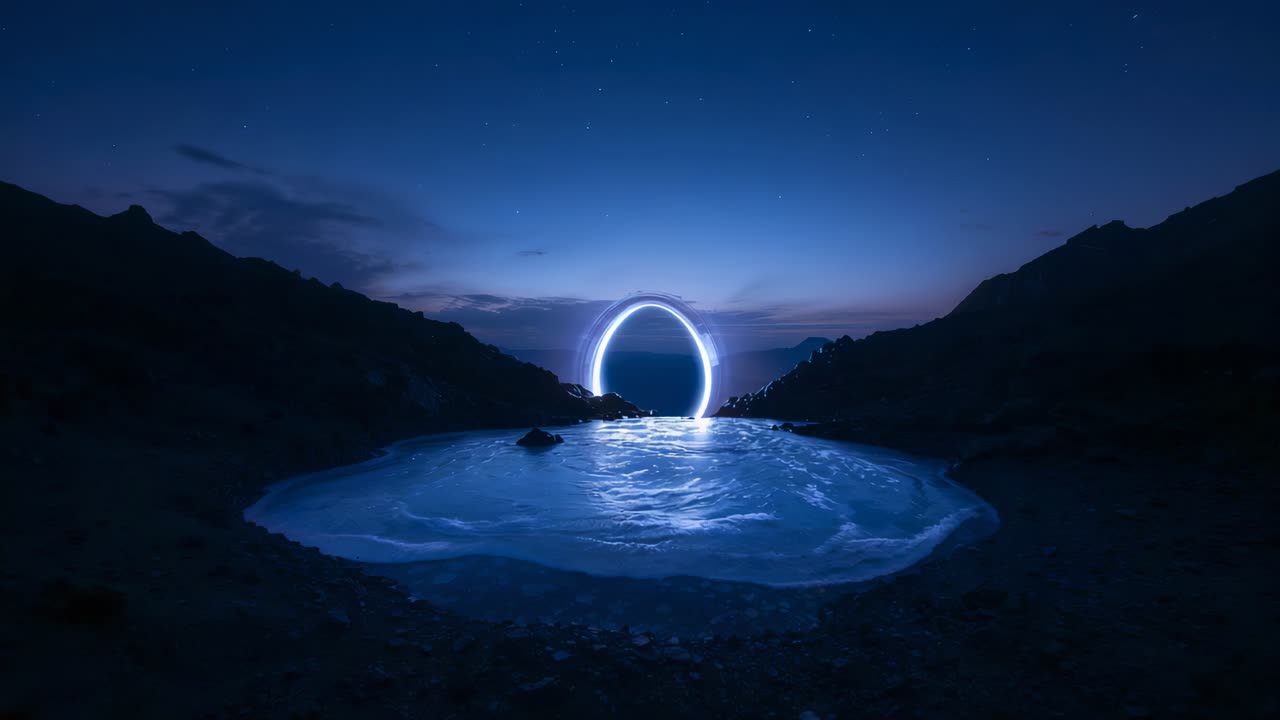 Anello portale incandescente che muove un segmento luminoso lungo il bordo in una caletta, proiettando un bagliore scorrevole su una pozza di marea