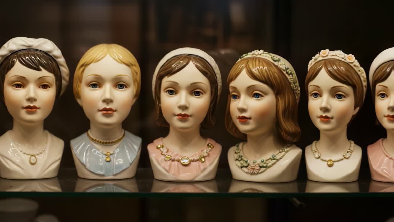 A Collection of Elegant Figurine Heads Showcasing Vintage Styles, Artistry, and Details in a Glossy Display, Capturing the Charm of Porcelain Craftsmanship and Aesthetics