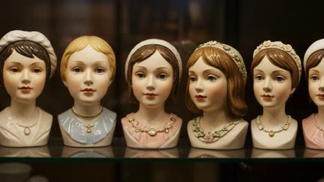a collection of elegant figurine heads showcasing vintage styles, artistry, and details in a glossy display, capturing the charm of porcelain craftsmanship and aesthetics