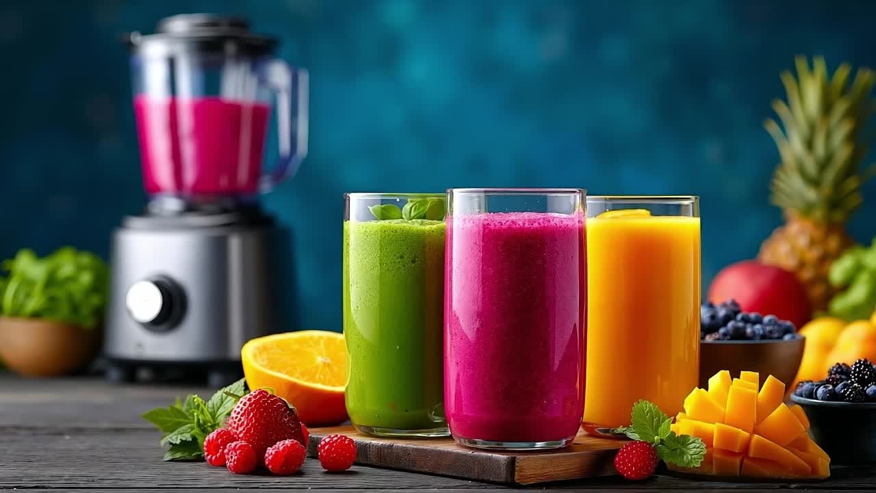 A variety of smoothies are lined up on a wooden table