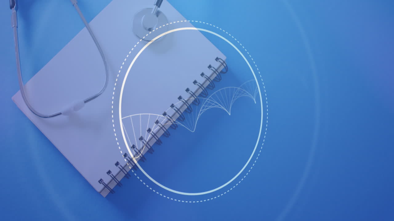 노트북과 스테토스코프 위에 dna 줄무와 원의 애니메이션