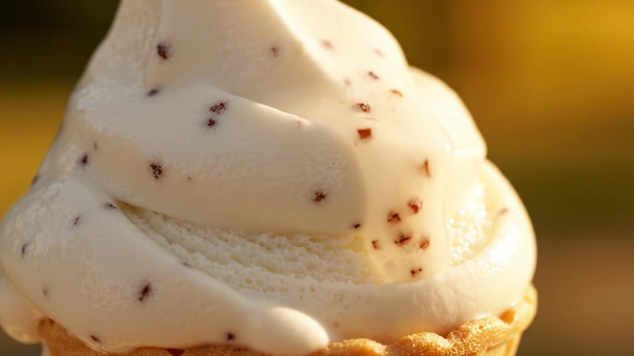 Redemoinhos Deliciosamente Cremosos: Um Close-Up de Sorvete Cremoso com Gotas de Chocolate Ricas em uma Casquinha Crocante, Derretendo Perfeitamente Sob a Luz Quente do Sol