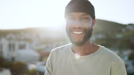 Black-man,-portrait-and-call-me-hand-in-city