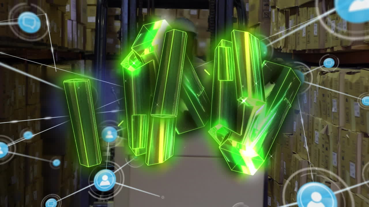 анимация зеленых блоков сеть соединений с иконами над человеком, работающим на складе