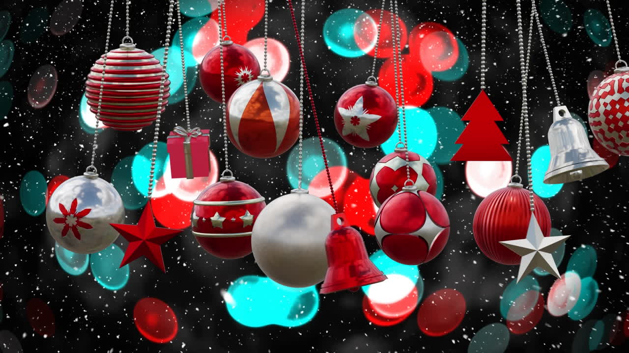 animación de decoraciones de bolas de navidad sobre fondo negro