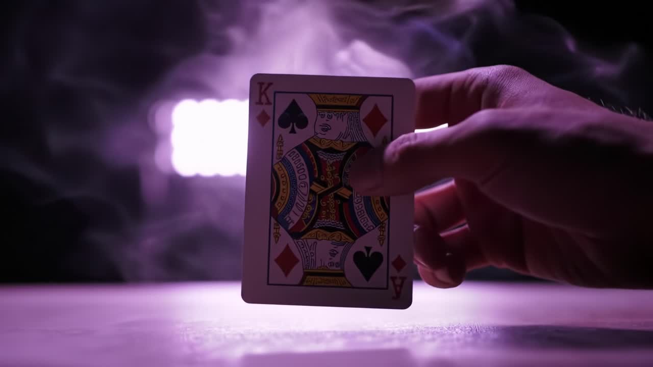 A Hand Holding a Playing Card Illuminated by Vibrant Lights: A Captivating Display of Cardistry and Atmospheric Effects in an Enigmatic Setting