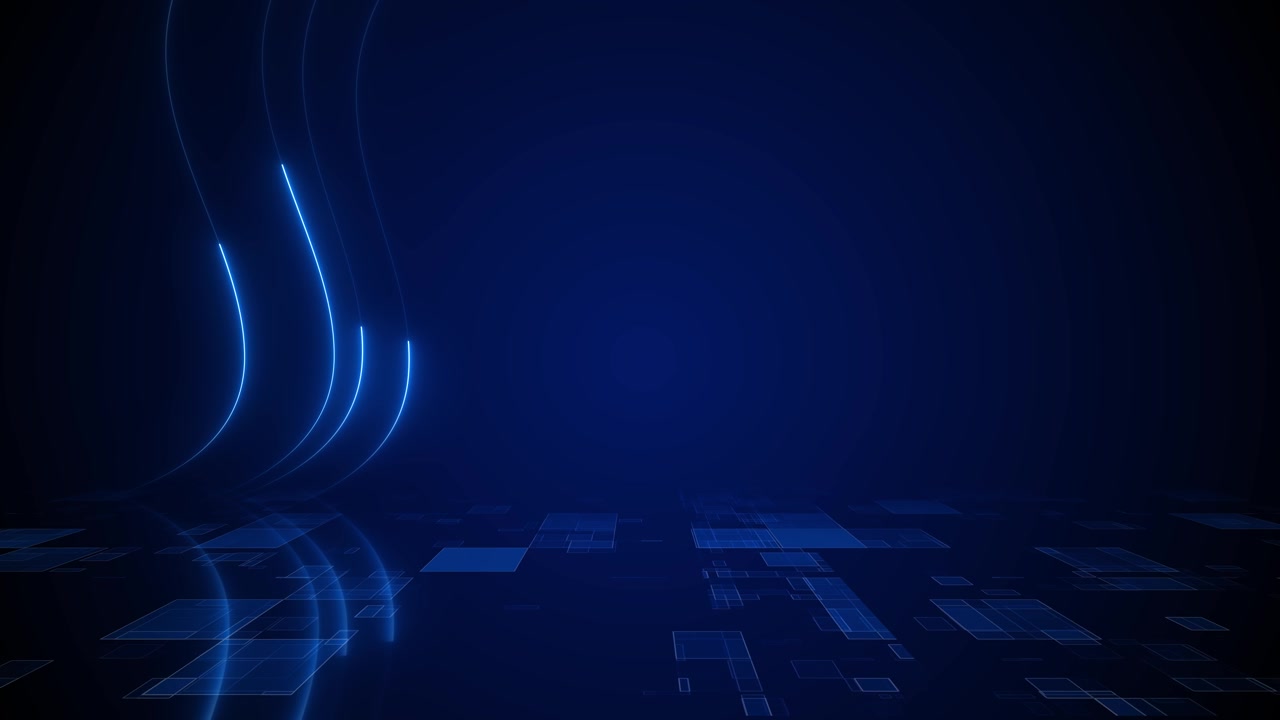 Sfondo di pavimento tecnologico blu scuro con pannelli quadrati trasparenti, linee di luce curve e spazio centrale vuoto