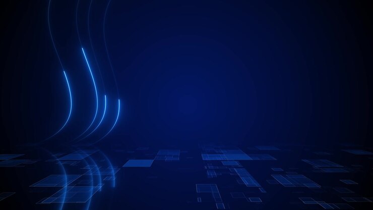 Dark blue tech floor background with transparent square panels curved light lines and empty central
