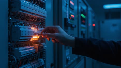 technician operating control panel in a dimly lit environment, adjusting connections in a complex electrical system for optimal performance and safety