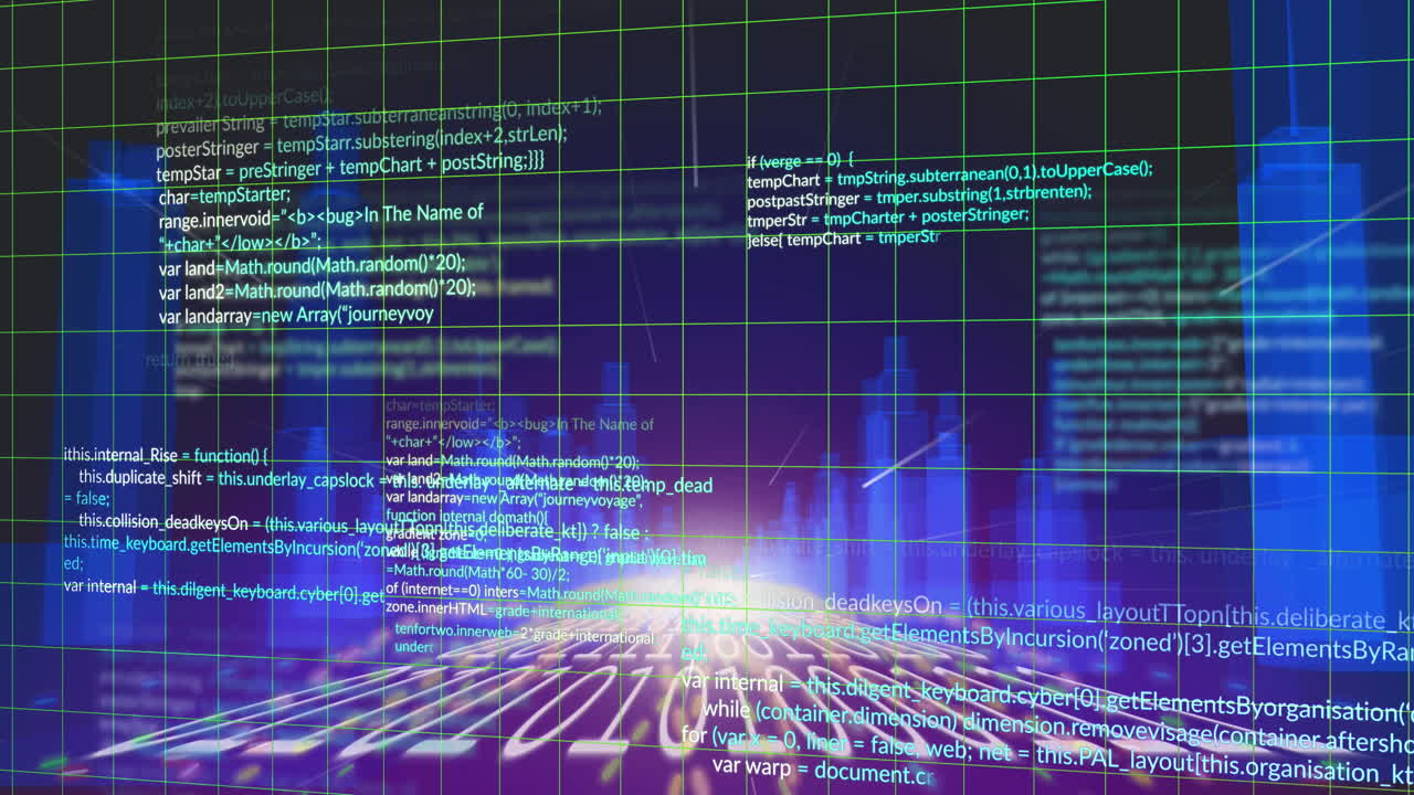 Animation of data processing and city on black background