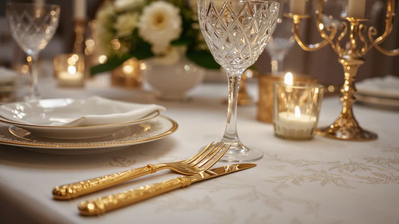 Panning camera right and forward at formal dining table, revealing crystal goblet and gold cutlery