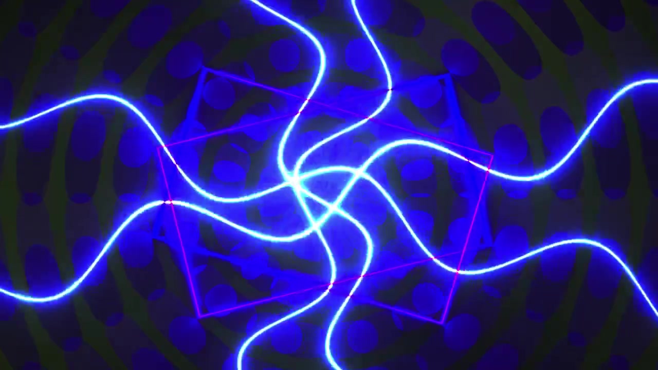 Animazione astratta futuristica di linee ondulate blu neon e rettangolo rotante