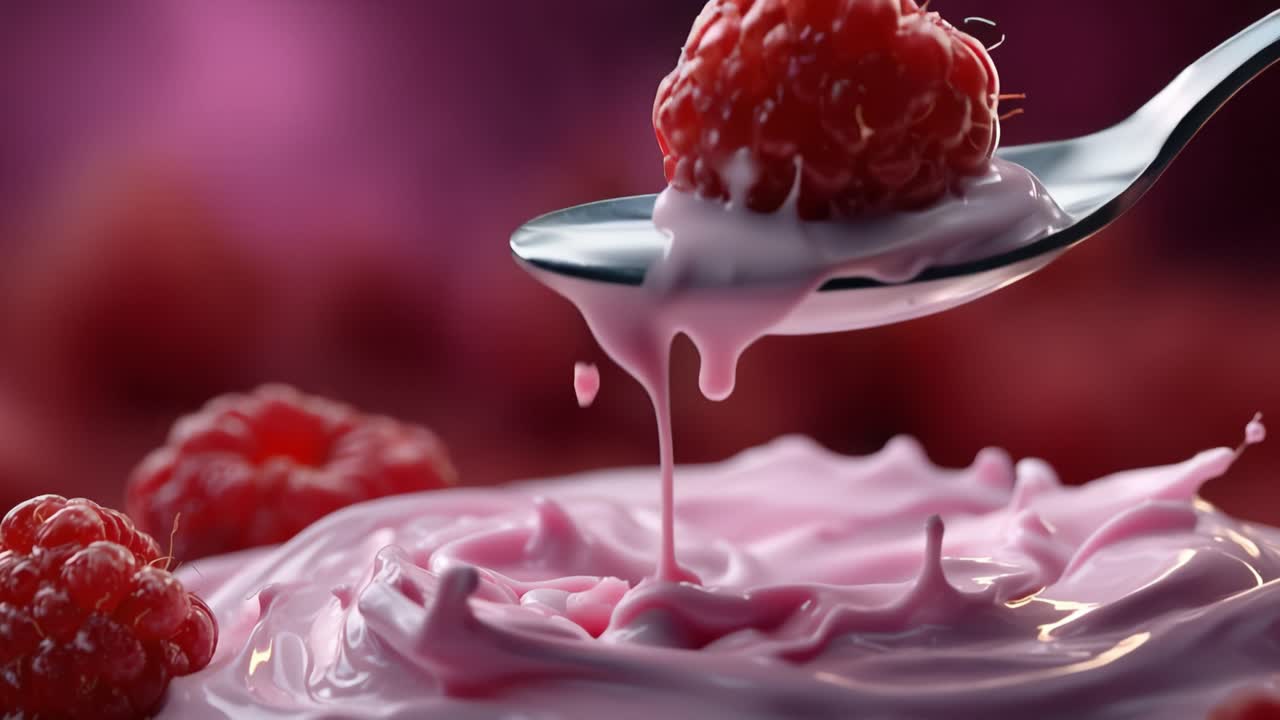 Delicious Raspberry Yogurt Creation Showcasing a Spoonful of Creamy Yogurt with Fresh Raspberries and a Visually Appealing Splash on a Pink Background