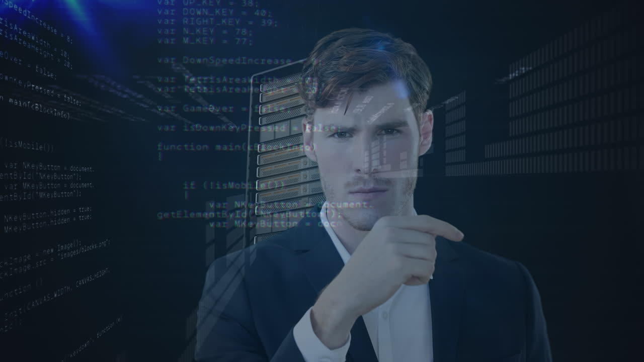 animación del procesamiento de datos sobre el hombre de negocios en la sala de servidores