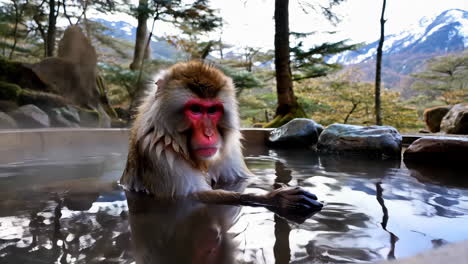 a japanese macaque (snow monkey) bathing in a natural hot spring
