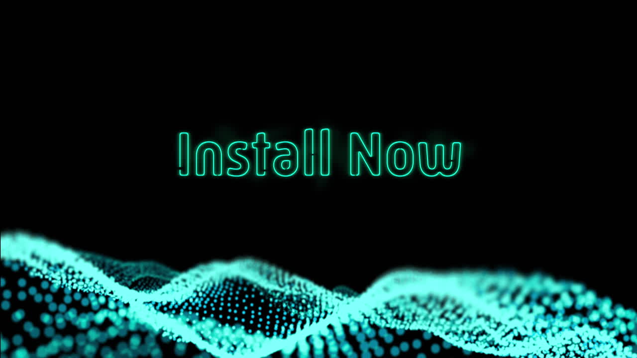 Animation of install now neon text and data processing over black background