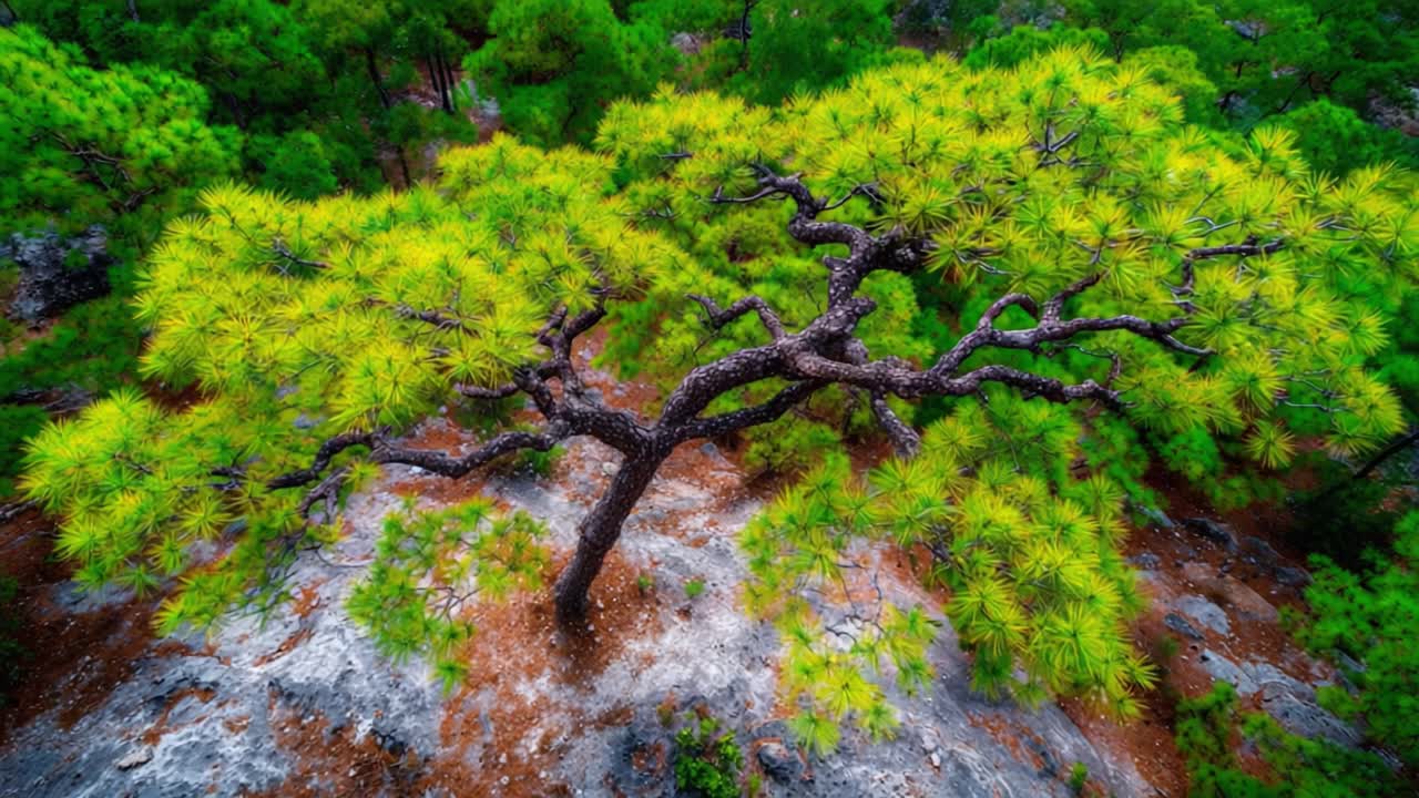 A Majestic Pine Tree Thrives on Rocky Terrain, Showcasing Its Resilience and Vibrant Green Needles Against a Backdrop of Lush Forest and Stone