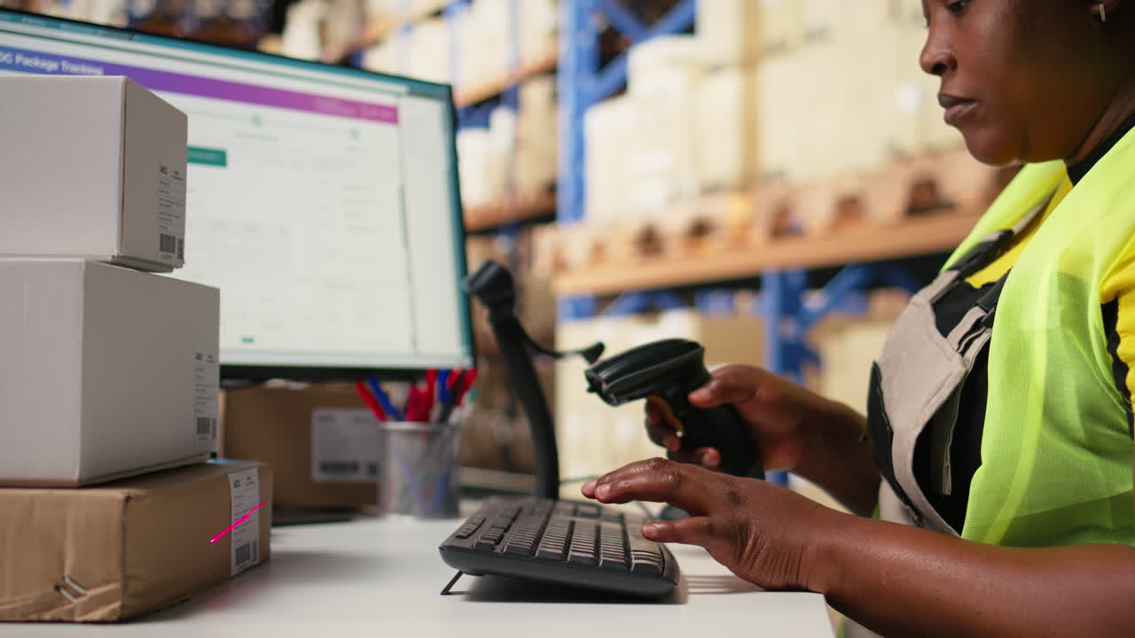 African american staff scanning awb labels after packaging tasks