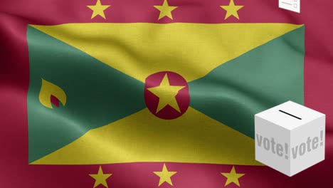 las papeletas vuelan a la caja para la selección de granada - caja de votación frente a la bandera - elección - voto - bandera de granada (bandera de granada) alto detalle - bandera nacional patrón de onda de granada elementos loopables - textura de tela y bucle sin fin