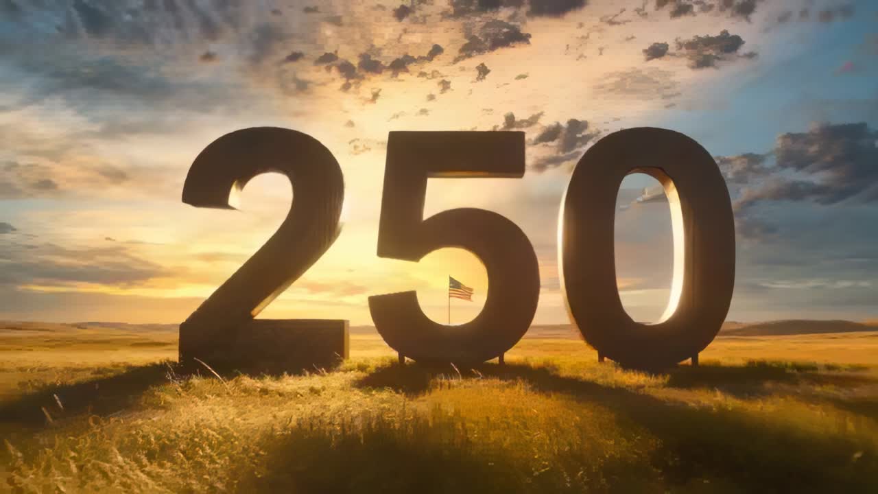 Três grandes numerais 250 em pé na grama ao pôr do sol, sol projetando sombras, bandeira tremulando.