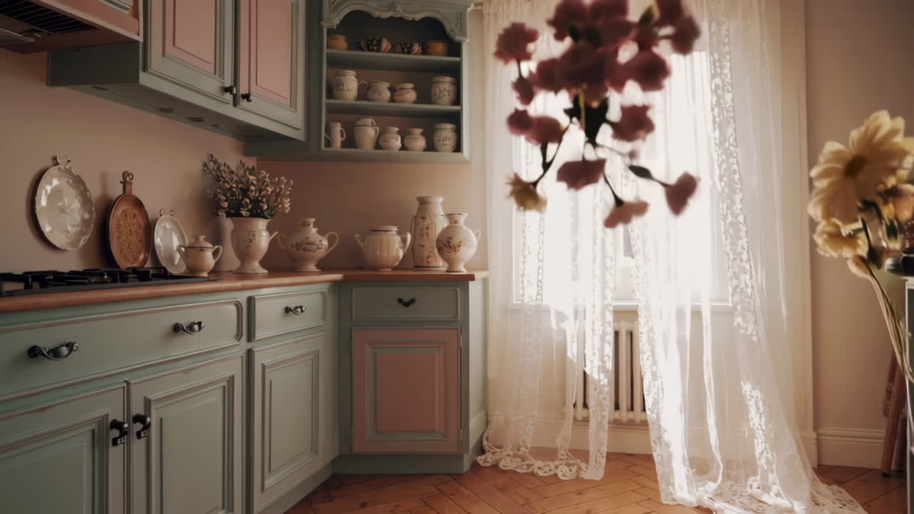 Charming Vintage Kitchen with Light and Flowers