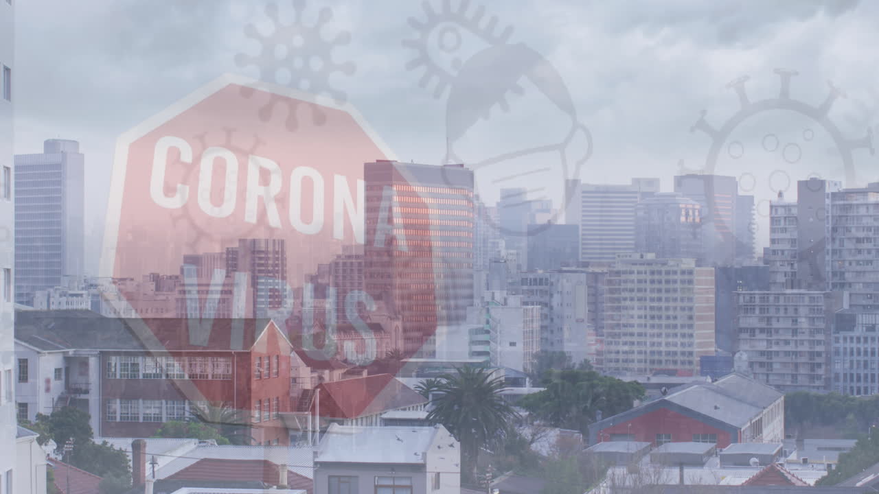 코로나 바이러스 금지 표지판과 도시 풍경 위의 바이러스 세포의 애니메이션