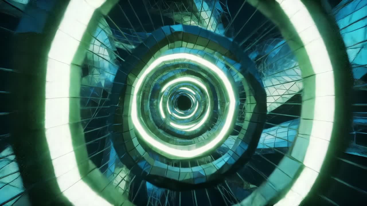 A Stunning Visual Journey Through a Hypnotic Circular Tunnel of Light and Reflections, Showcasing a Dynamic Blend of Colors and Shapes in a Mesmerizing Display