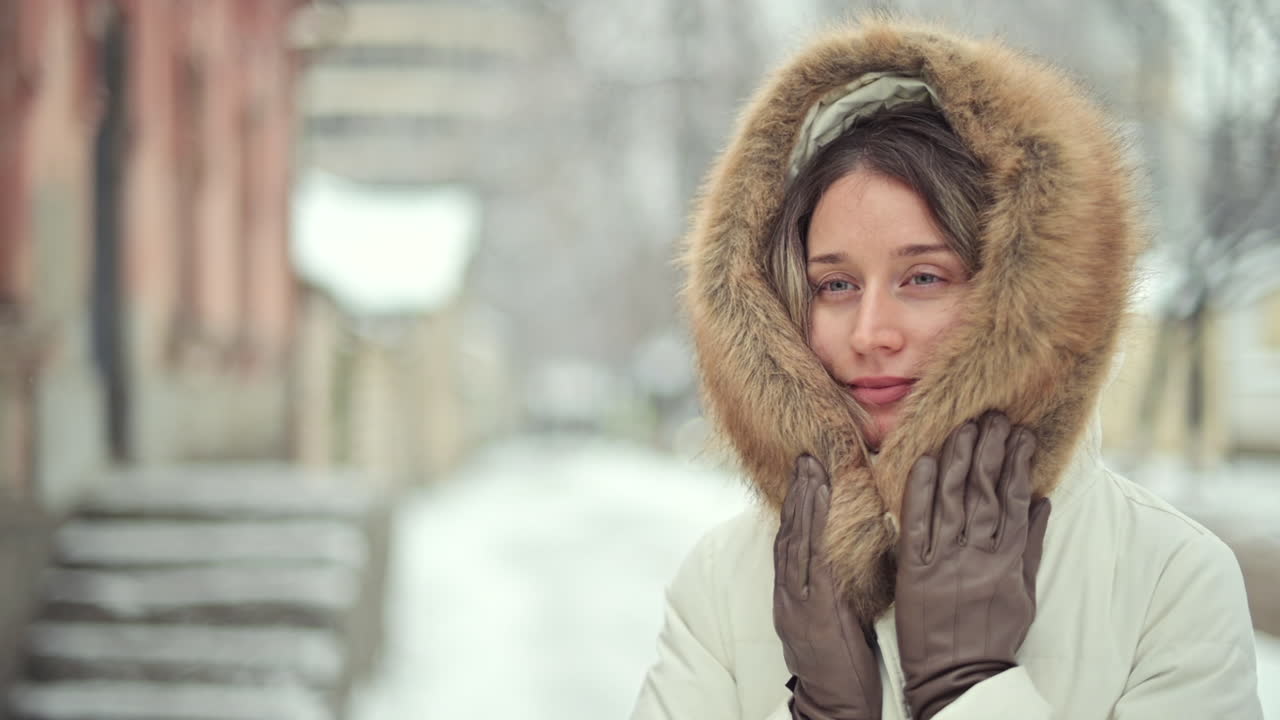 A woman in a cozy fur hood and leather gloves enjoys a chilly day in a snowy city. She walks down a quiet street, radiating warmth and joy despite the cold weather