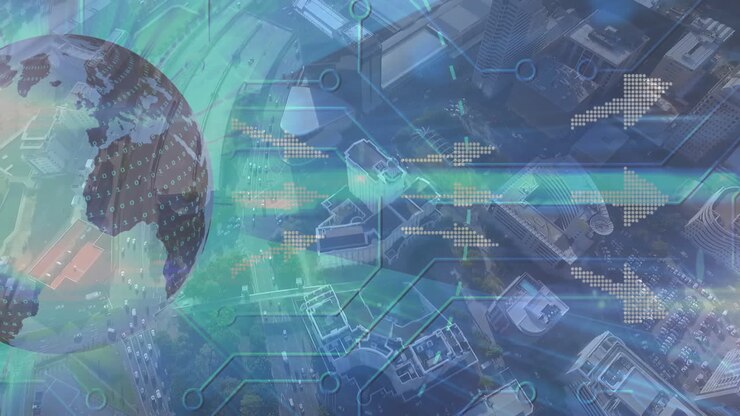 Digital network connections and data processing animation over aerial cityscape