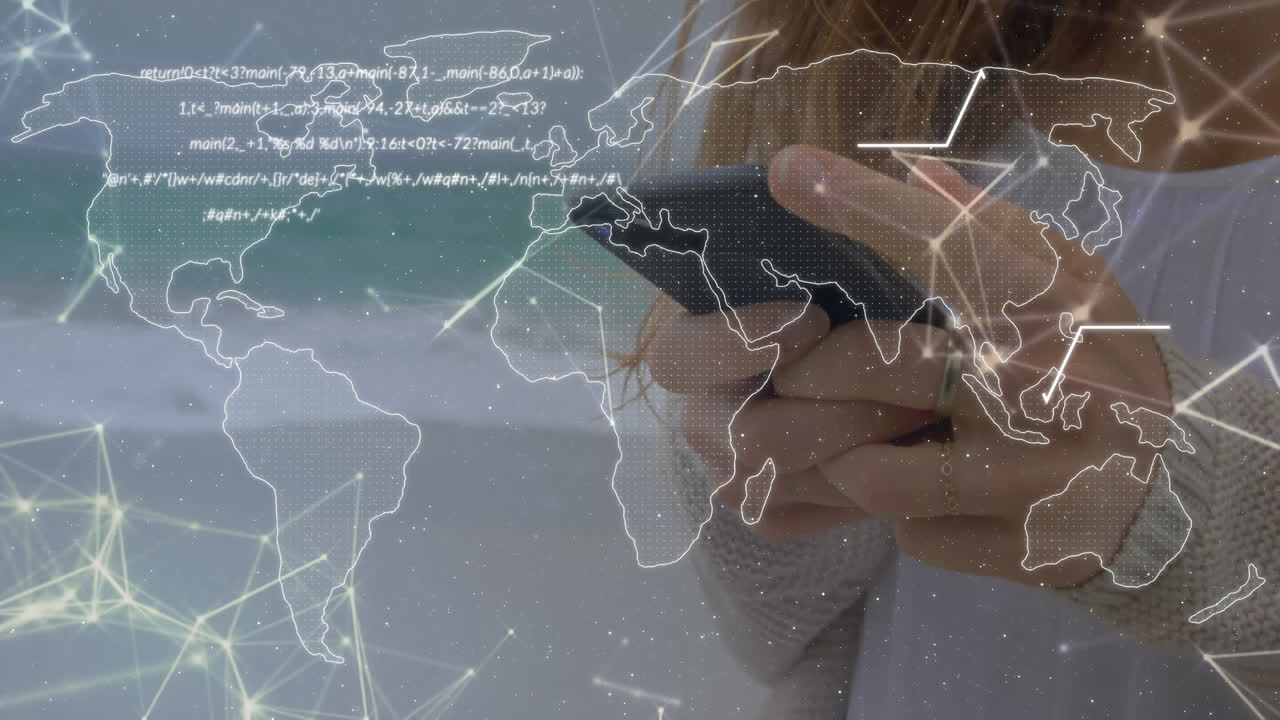 procesamiento de datos sobre el mapa del mundo contra la sección media de la mujer que usa un teléfono inteligente en la playa